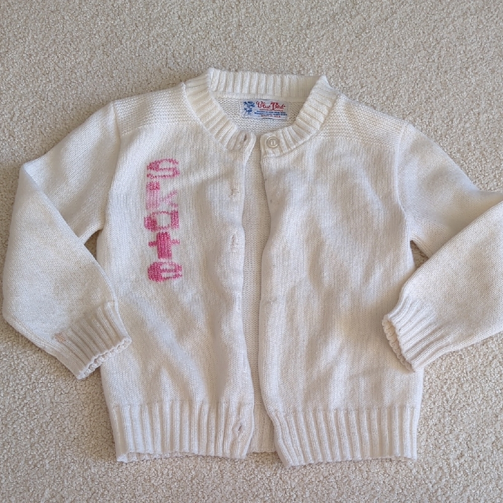 3 For $30. Blue Bird Cream Kids Cardigan with Pink Lettering